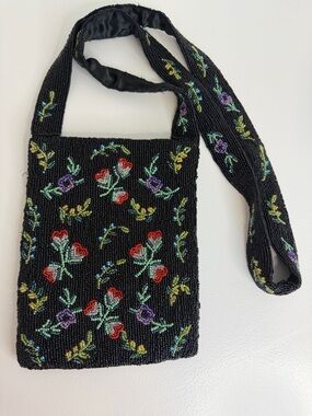 Christiana Garden Evening Beaded Purse / Bag - Black with Floral Beading